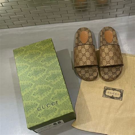 gucci sideline logo canvas slides|size 14 Gucci slides.